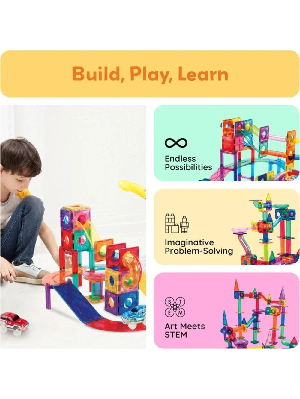 108-Piece Marble Run Race Track Set with LED Cars - STEM Toy for Ages 3
